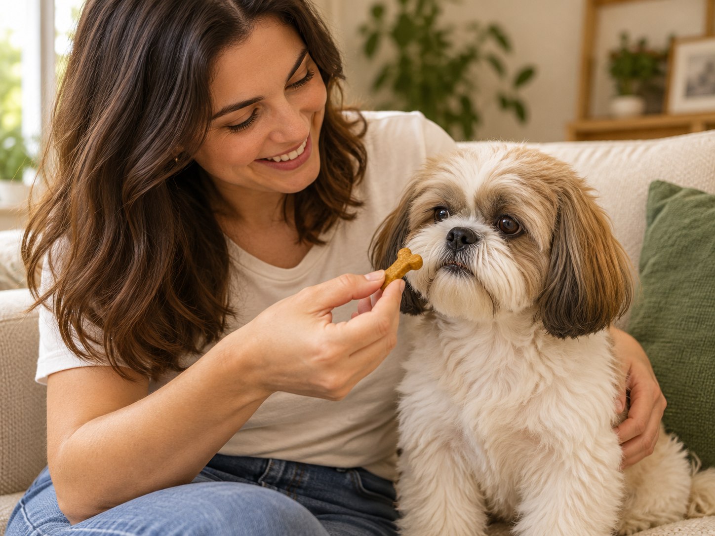 Tutora sorrindo enquanto oferece um petisco Helmac Pet ao seu cão, em um momento de carinho no sofá de casa