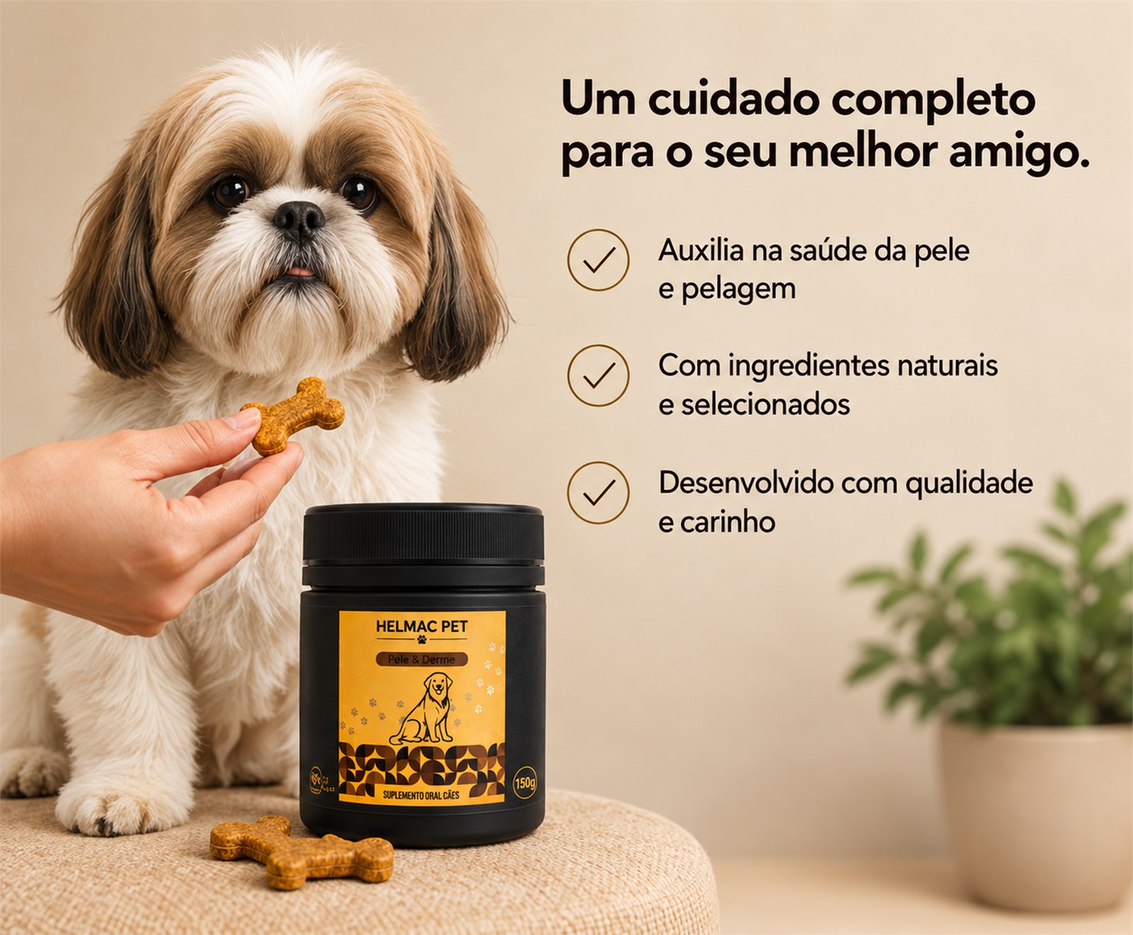Um cuidado completo para o seu melhor amigo: auxilia na saúde da pele e pelagem, com ingredientes naturais e desenvolvido com qualidade e carinho.